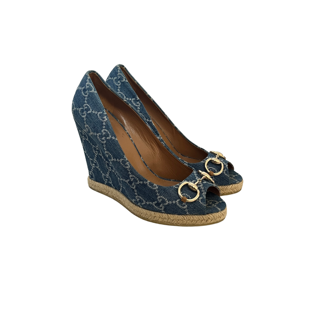 Gucci Monogram Denim Wedges in Blue