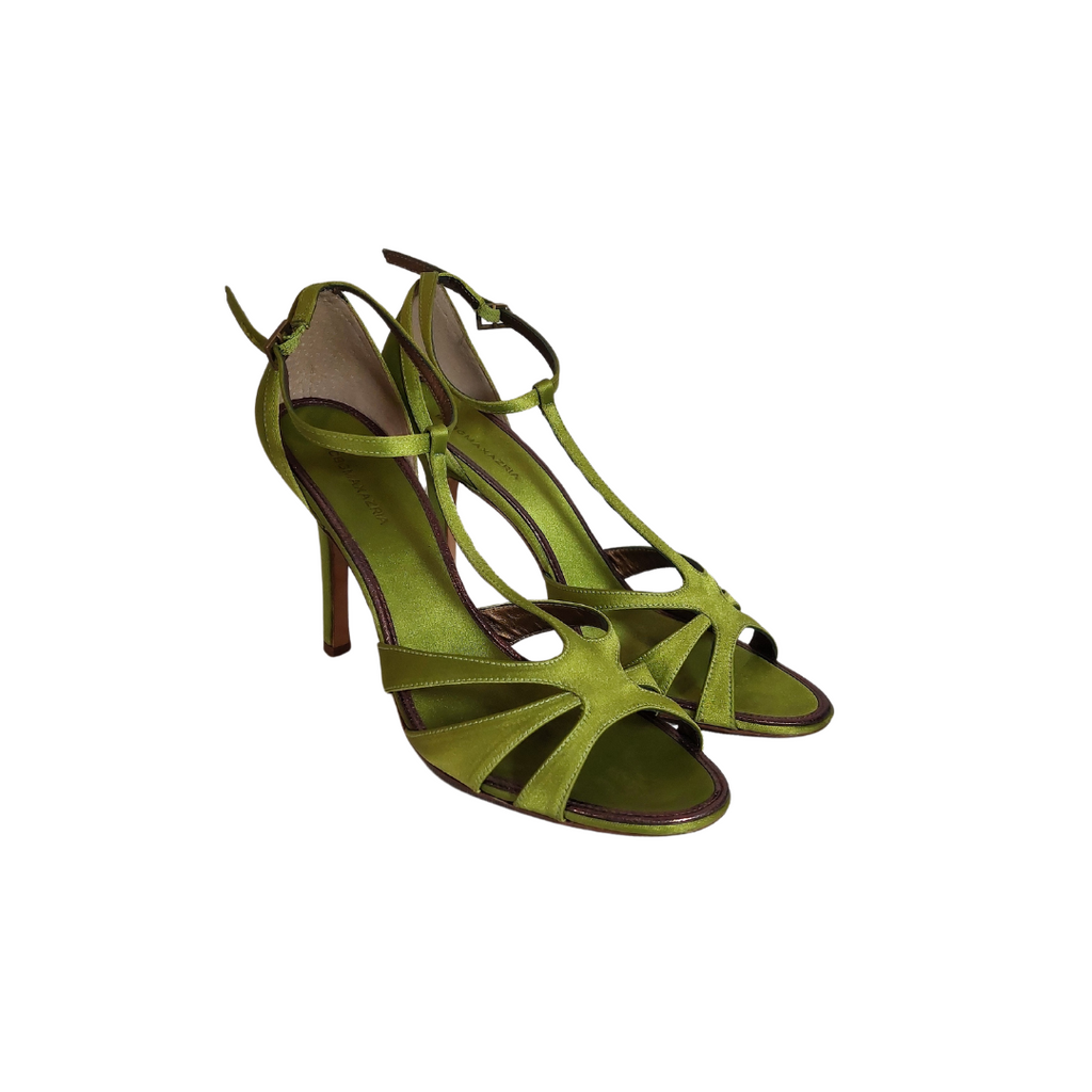 BCBG MAXAZRIA Parrot Green Satin T-Strap Heels | Pre Loved |