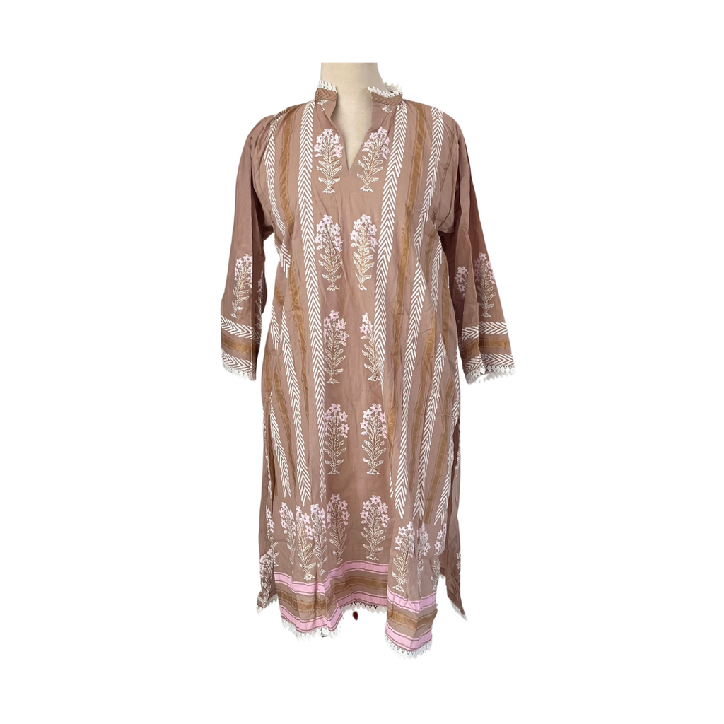 Blocked Beige & White Block Print & Lace Kurta | Gently Used |