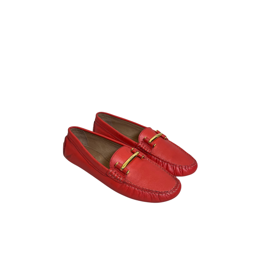 Lauren Ralph Lauren Red Leather Gold Buckled Loafers | Pre Loved |