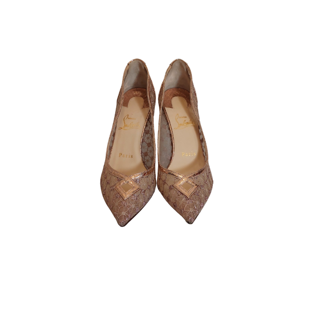 Christian Louboutin NEOAL DENTELLE Rose Gold Lame Heels | Pre Loved |