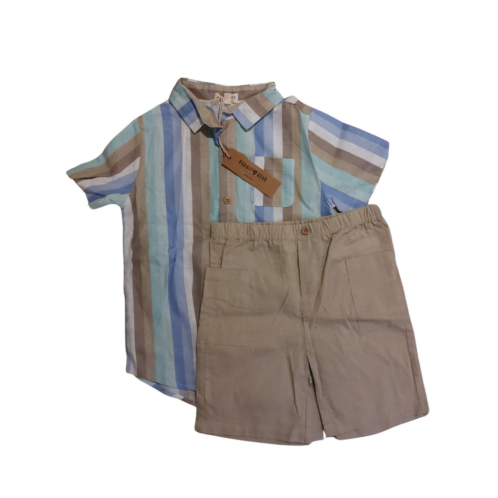 Rabbit & Bear Multicolor Striped Shirt With Beige Short Set (7 Years) | Brand New |