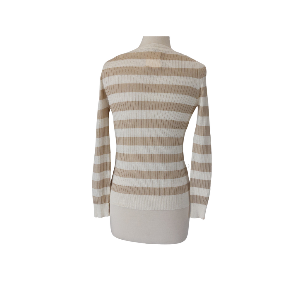 Massimo Dutti Beige & White Striped V-neck Ribbed Sweater | Brand New |