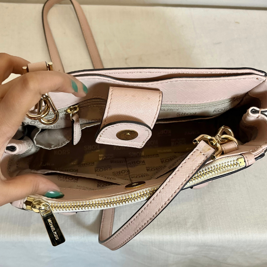 Michael Kors White & Pink Monogram & Leather Kellen Satchel  | Gently Used |