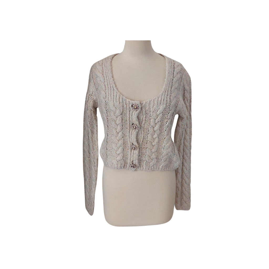 ZARA Cream Metallic Knit Rhinestone Buttons Sweater | Pre Loved |