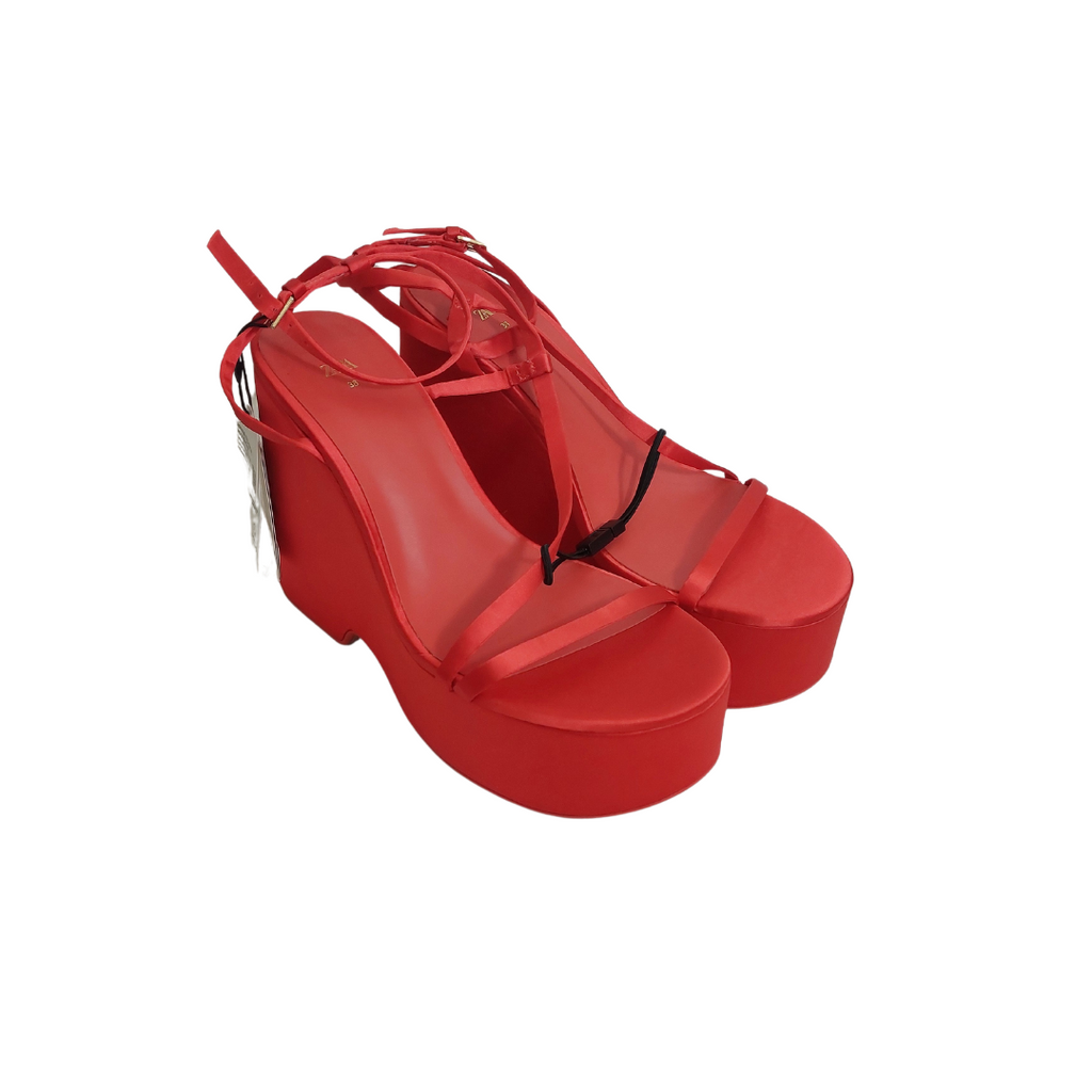 ZARA Red Satin Strappy Platform Wedges | Brand New |