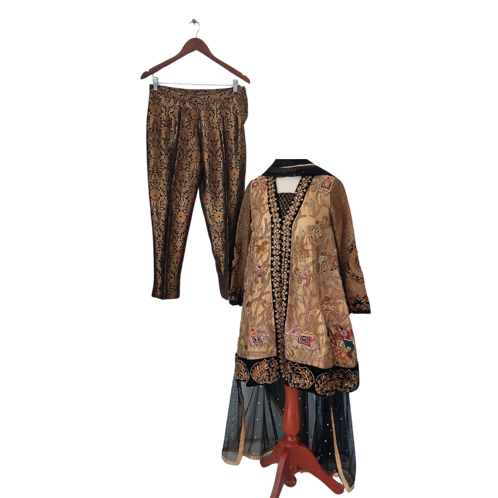 Farnaz Mustafa Gold & Black Embroidered Outfit (3 Pieces) | Pre Loved |