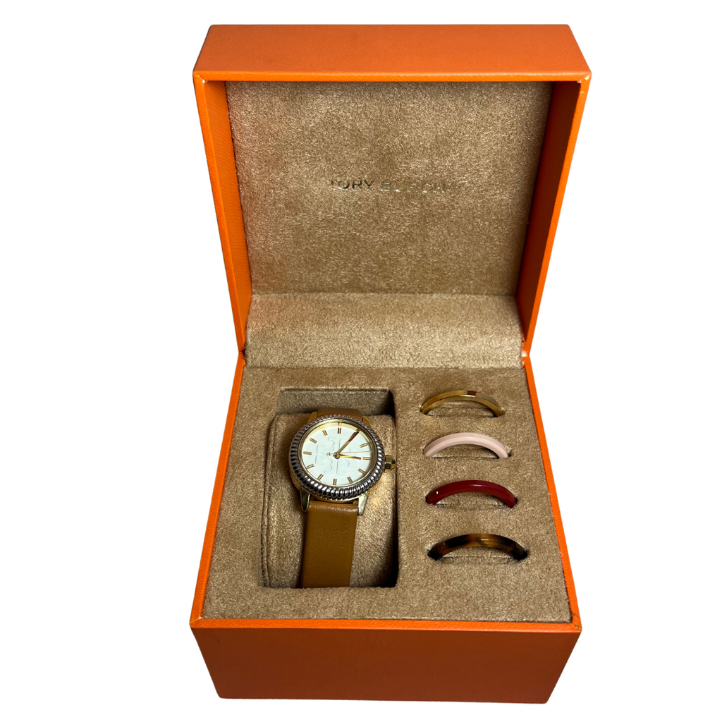 Tory Burch TBW2031 Gigi Goldtone Tan Leather Strap Watch with Top Rings Set | Like New |