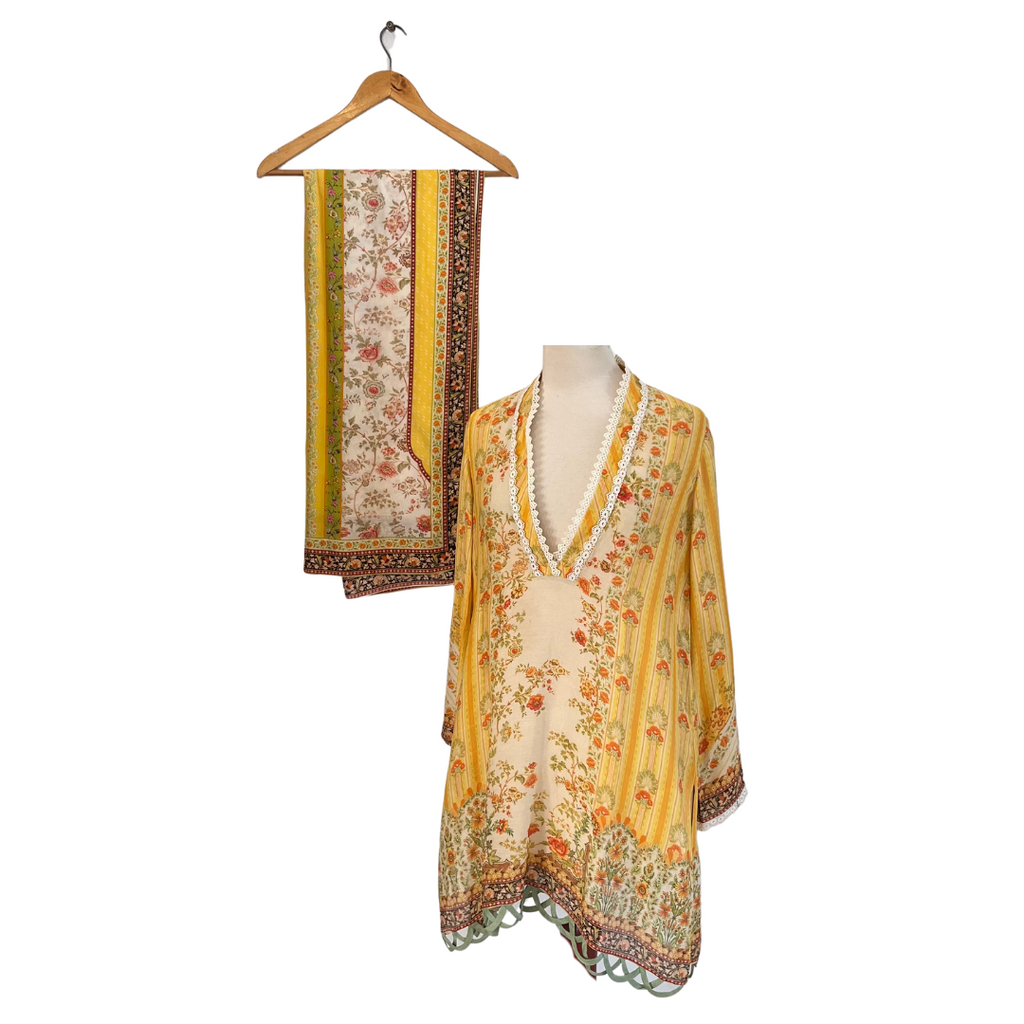 Sania Maskatiya Sunflower Yellow Cotton Net Kurta With Dupatta (2 Pieces) | Pre Loved |