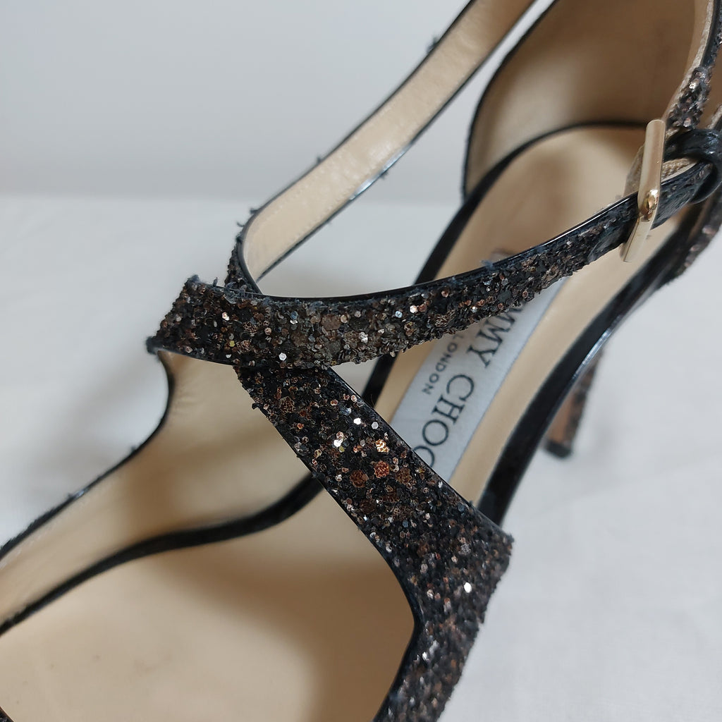 Jimmy Choo Black Glitter Strappy Heels | Pre Loved |