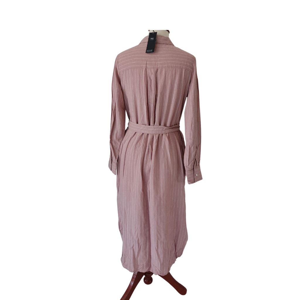 Marks & Spencer Pink Striped Collared Belted Long Dress | Brand New |