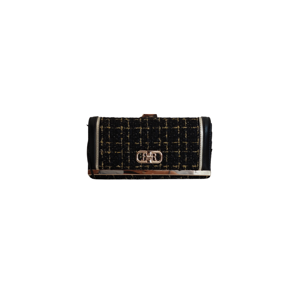 River Island Black Tweed & Gold Large Wallet Clutch | Brand New |