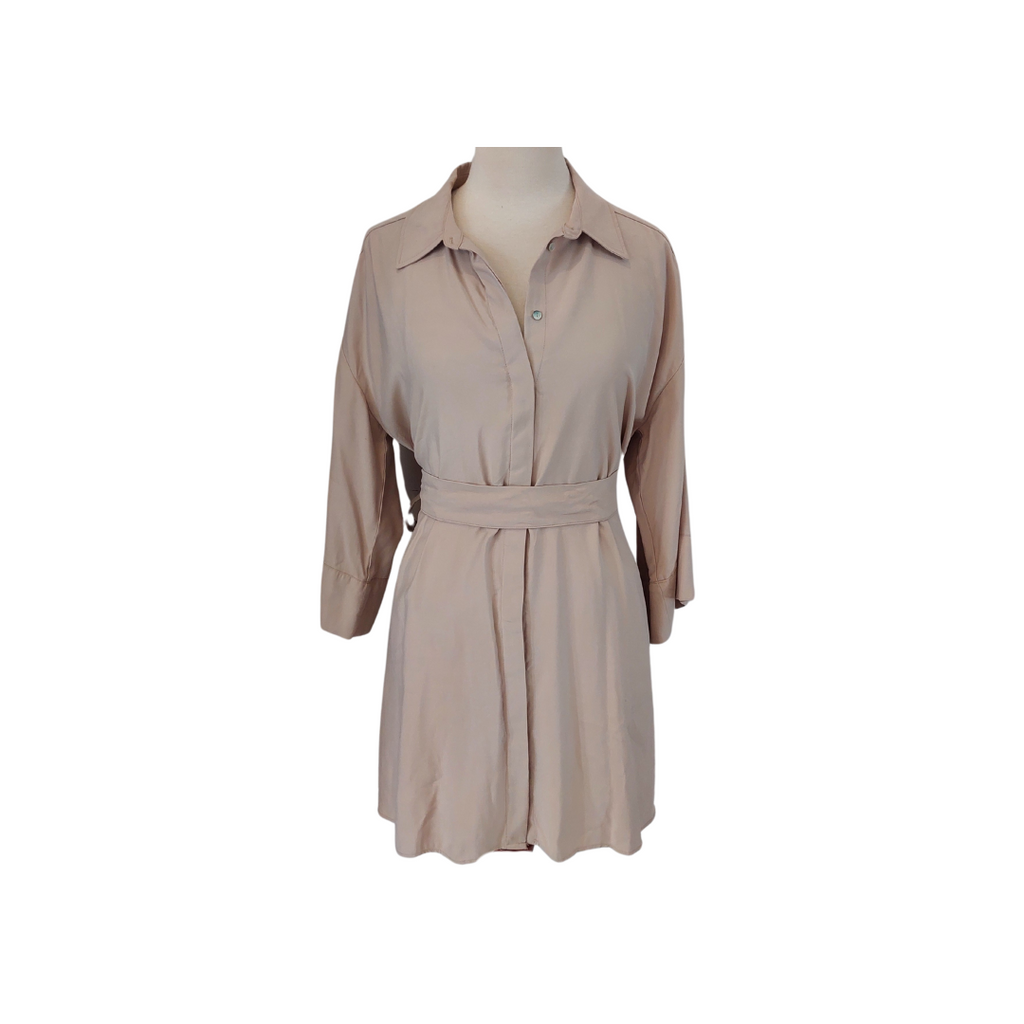 ZARA Beige Belted Knee-Length Dress | Gently Used |