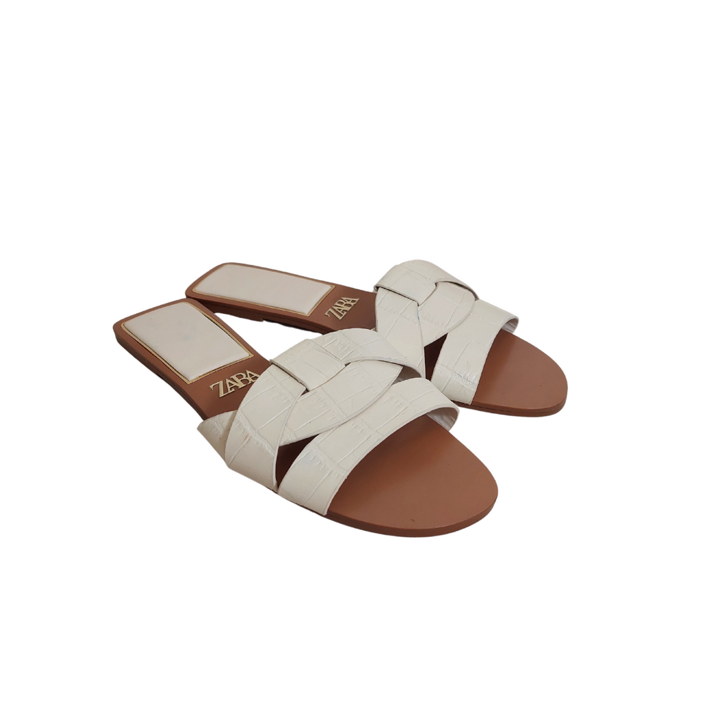 Zara White Crossed Leather Textured Flats | Brand New |