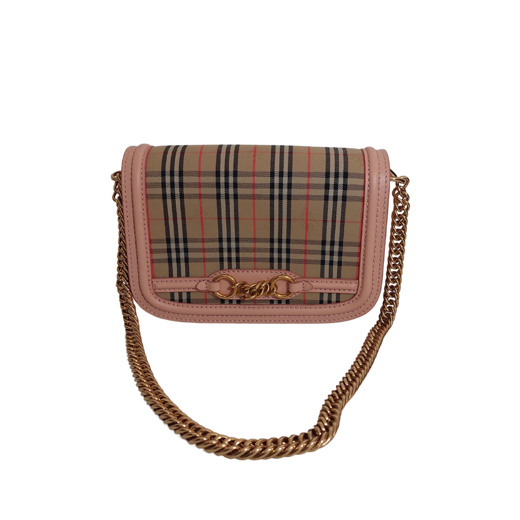 Burberry Pink Leather & Signature Check Link Shoulder Bag | Brand New |