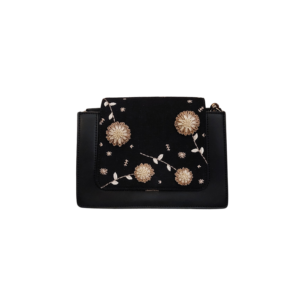 Charles & Keith Black Textured Floral Embellished Crossbody Bag | Gently Used |