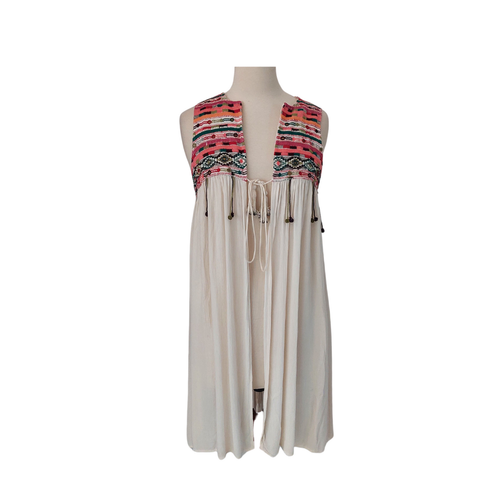 ZARA Cream Multicolor Boho Embroidered Sleeveless Waistcoat With Pom Poms | Brand New |