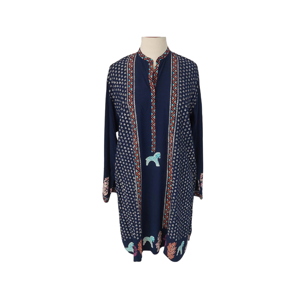 Blocked Navy Block Print Horse Kurta | Gently Used |