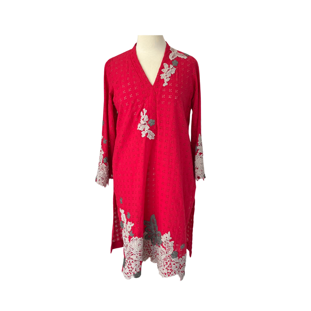 Dragonfly By Riffat Aliani Red & Beige Embroidered Chicken Kurta | Gently Used |