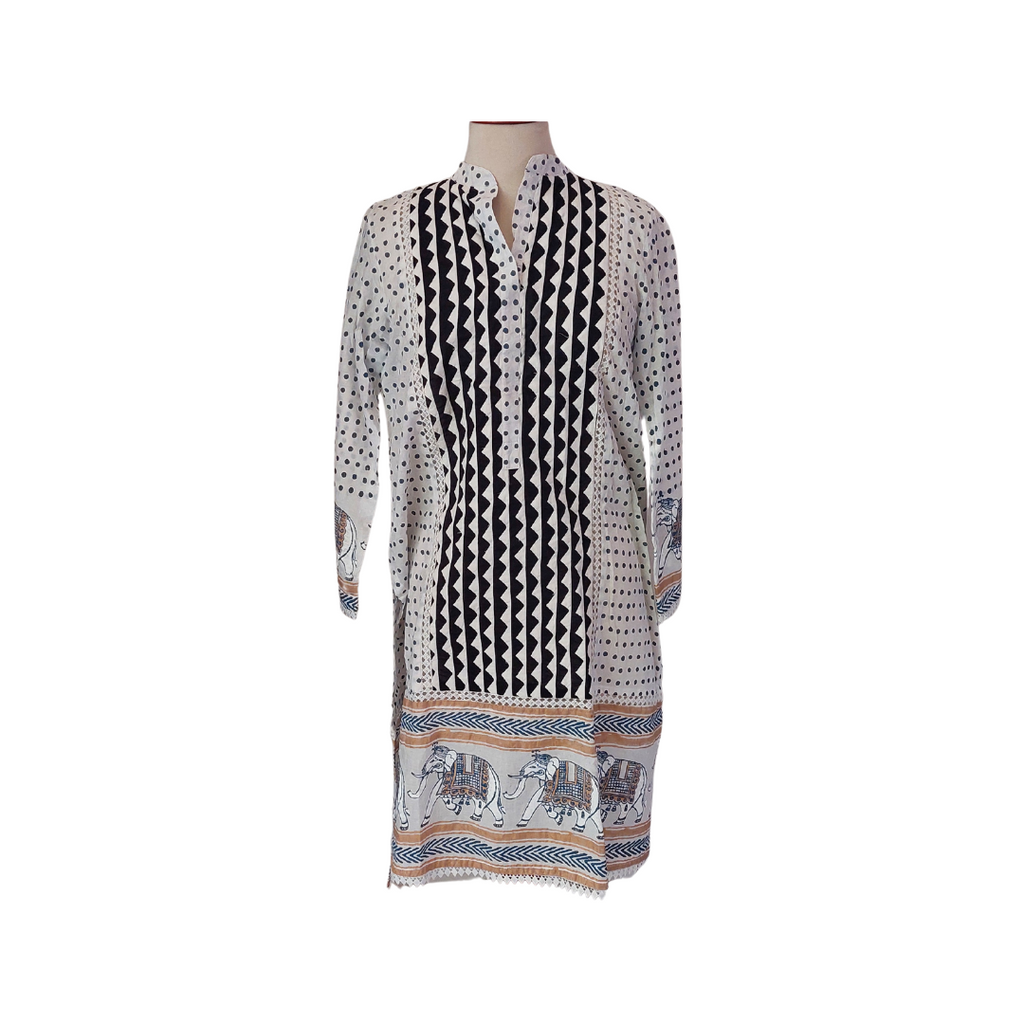 Blocked White Polka Dot Block Print & Elephant Rilli Kurta | Pre Loved |