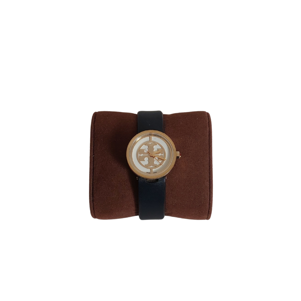 Tory Burch Gold Reva Black Italian Leather Strap Watch | Pre Loved |