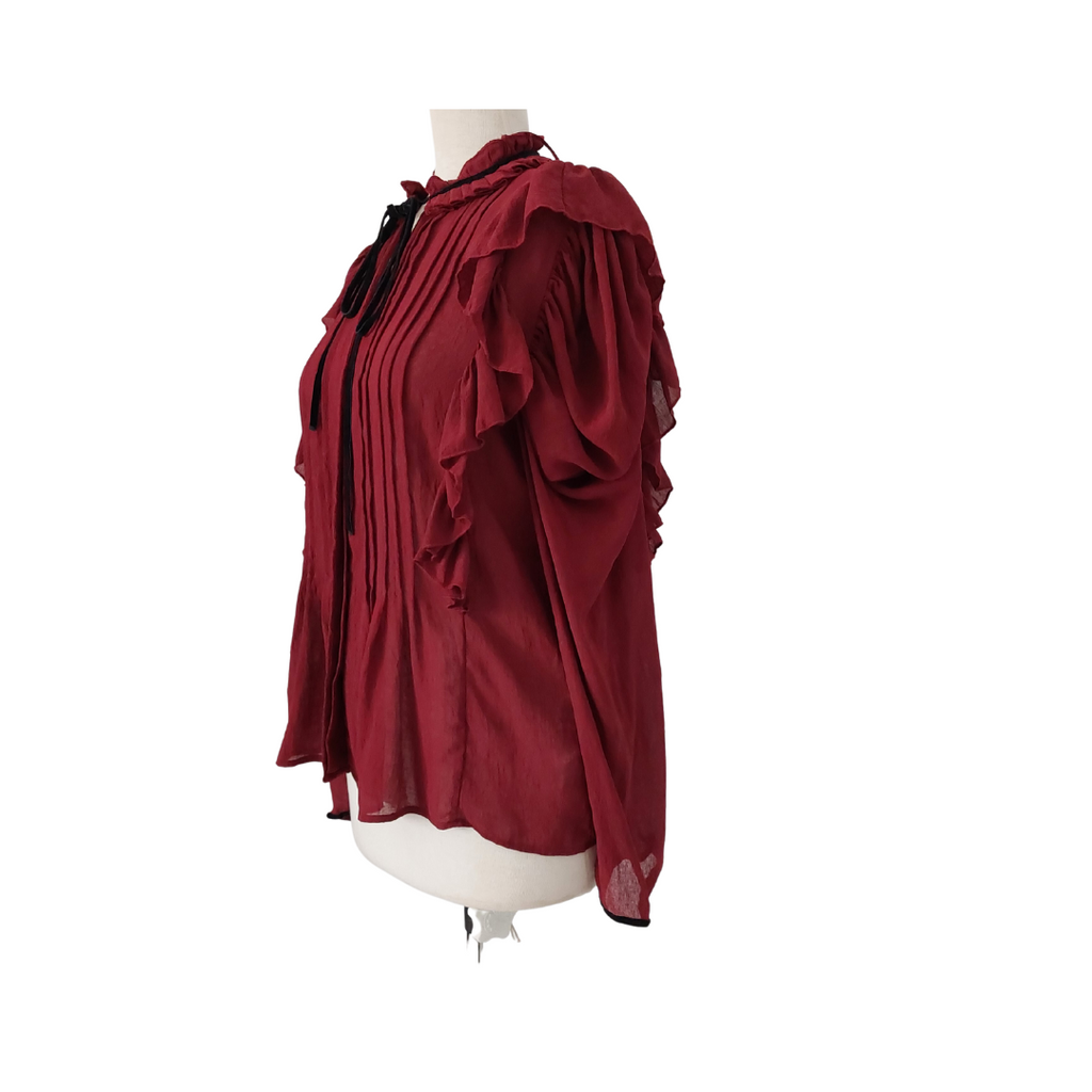 ZARA Maroon Frill Semi-sheer Pleated Black Neck-tie Blouse | Like New ...