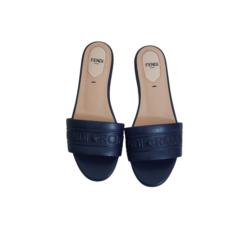 Fendi Roma Blue Leather Flat Slide Sandals | Like New |