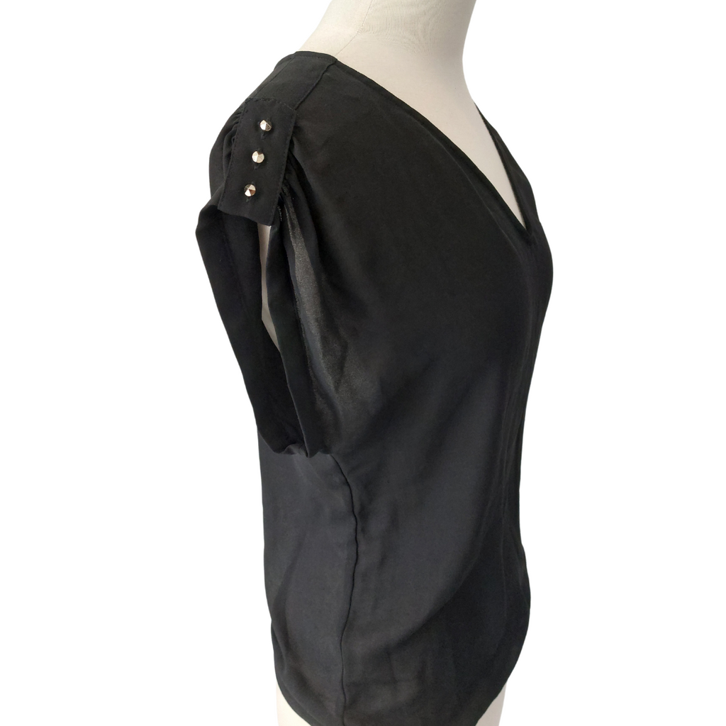 ZARA Black Sheer Studded Shoulders Cap-sleeves Top | Brand New |