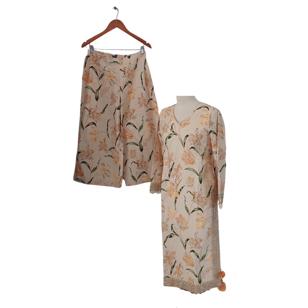 DYOT Beige Printed Cotton with Sequins Co-Ord Set | Brand New |