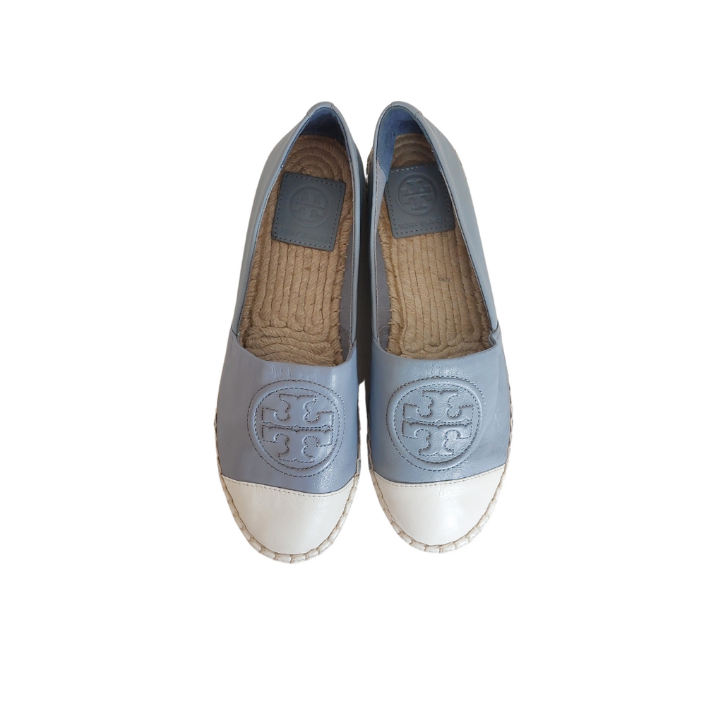 Tory Burch Grey & White Benton Leather Espadrille Shoes | Gently Used |