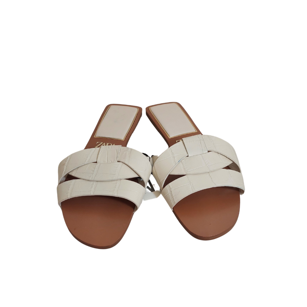 Zara White Crossed Leather Textured Flats | Brand New |