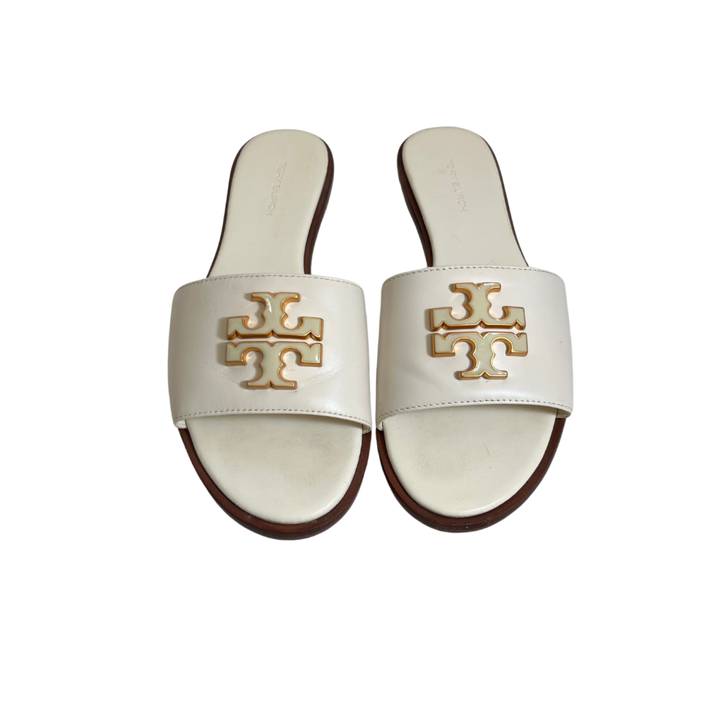 Tory Burch Ivory Leather Everly Slide Sandals | Pre Loved |