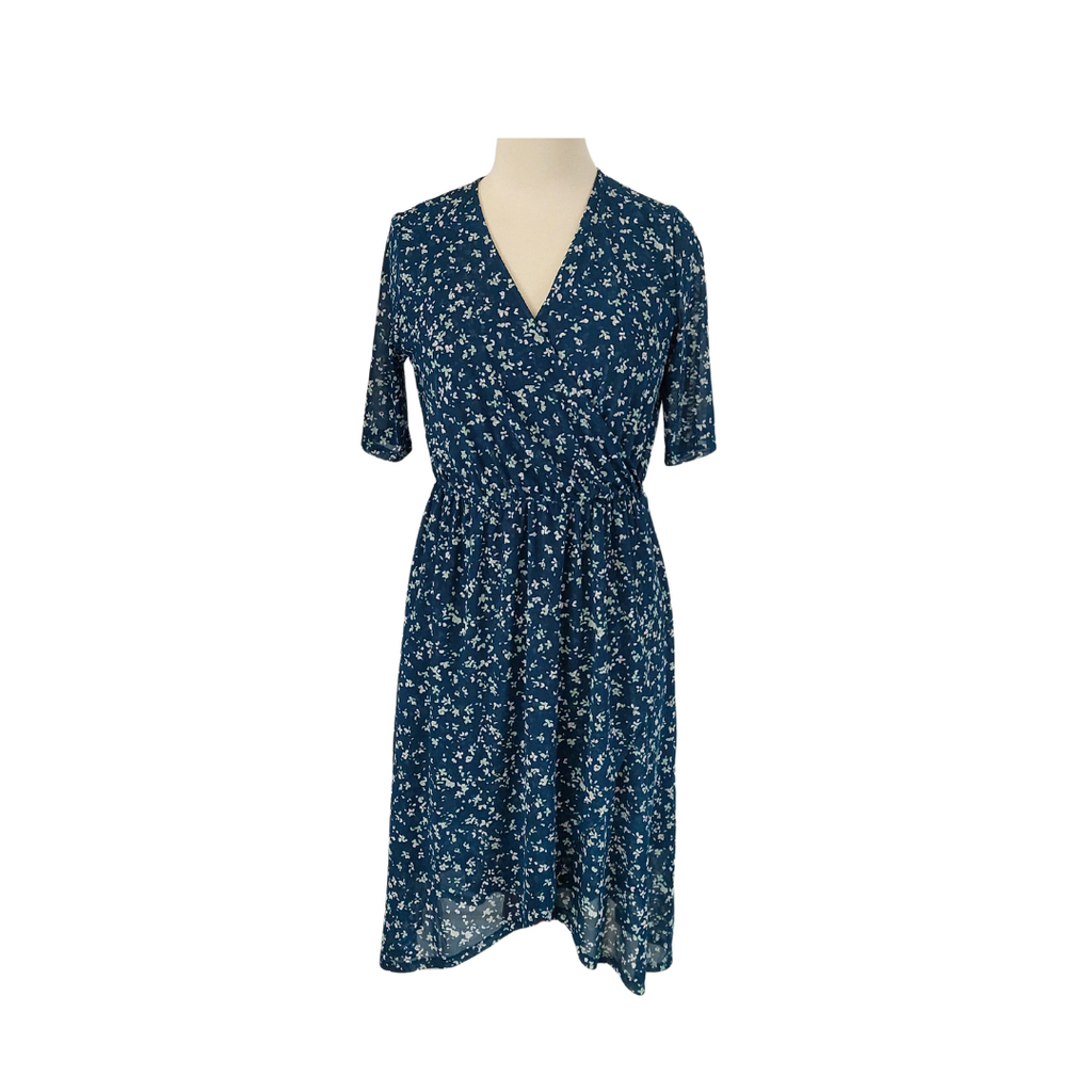 Hawthorn Blue Printed V-neck Cross-over Dress | Brand New |