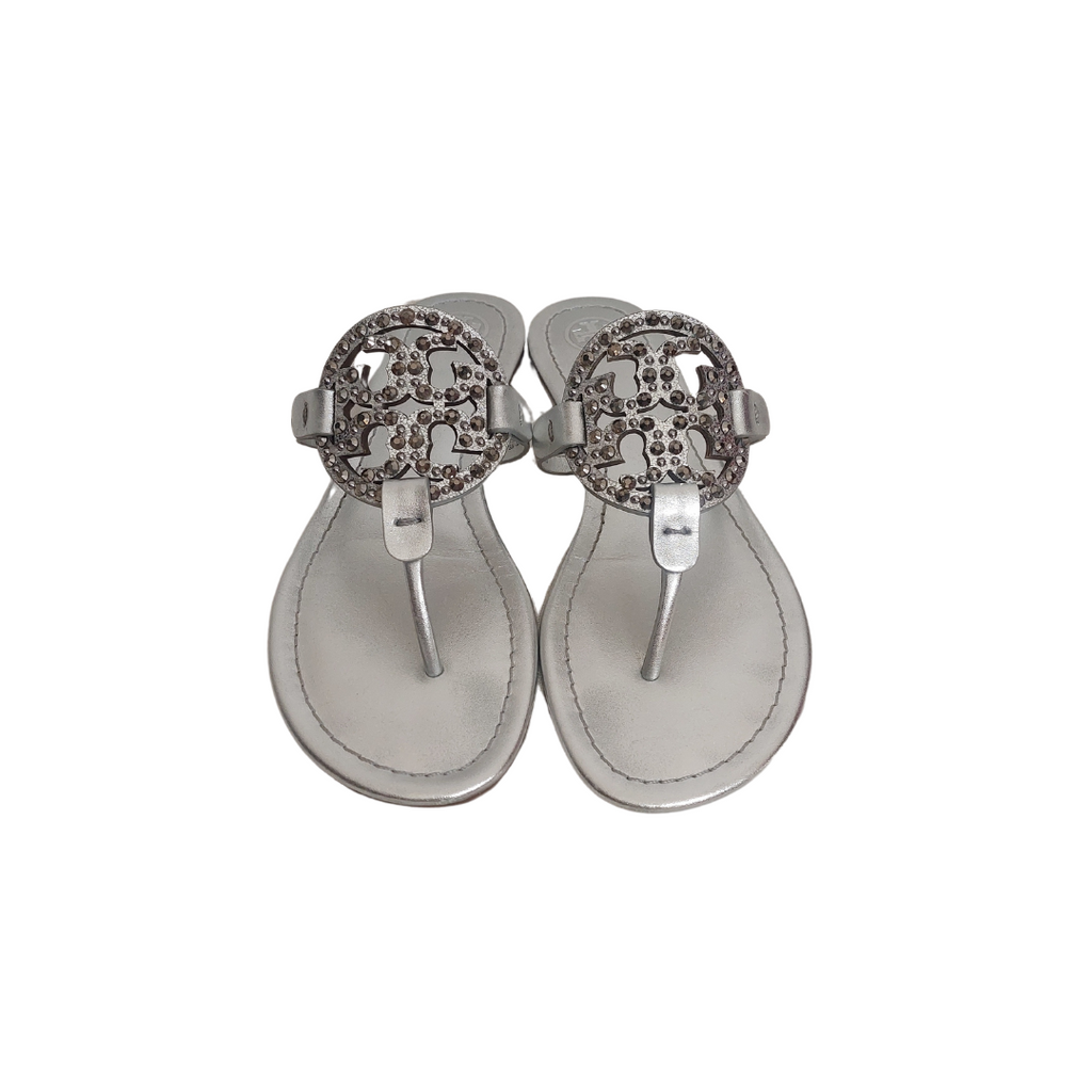 Tory Burch Silver Leather Miller Embellished Sandals | Pre Loved |