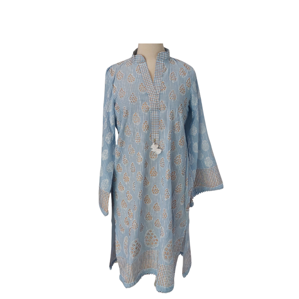 Blocked Light Blue, White & Gold Block Print Kurta | Pre Loved |