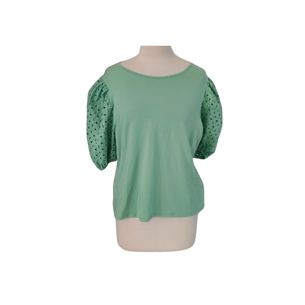 H&M Green Cut-Work Balloon Sleeves Top | Brand New |