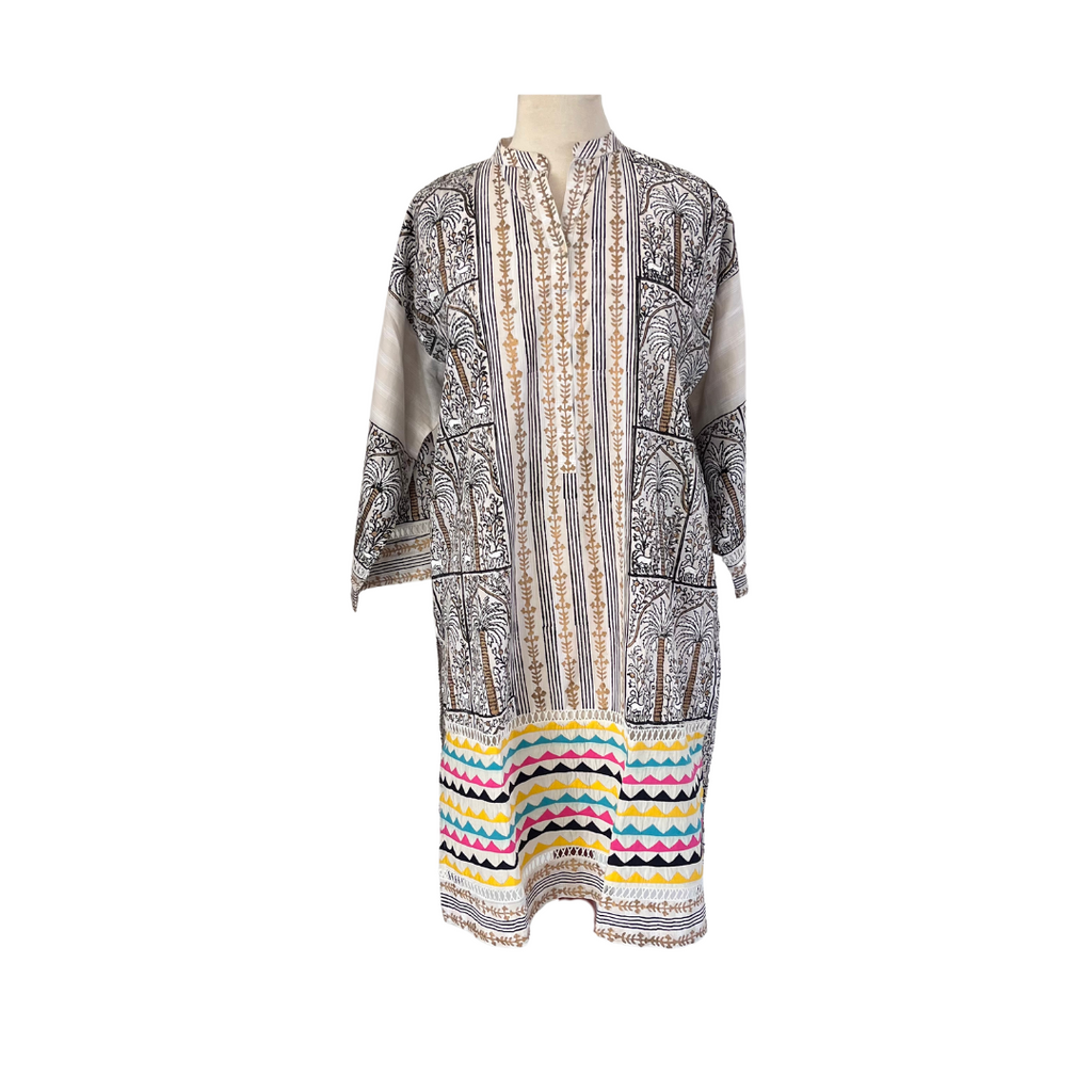 Blocked Beige Block Print with Multi Coloured Rilli Border Kurta | Pre Loved |