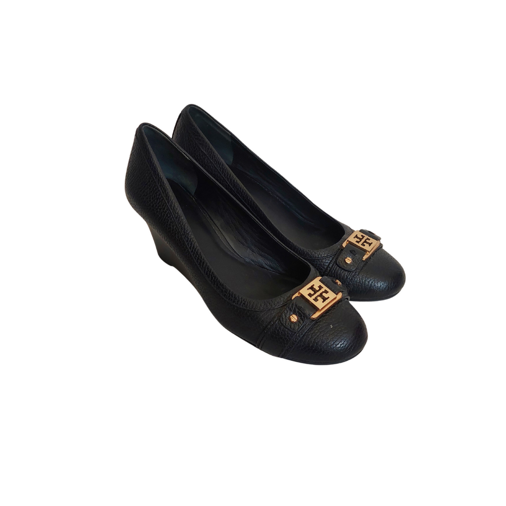 Tory Burch Black Pebbled Leather Natalya Wedges | Pre Loved |