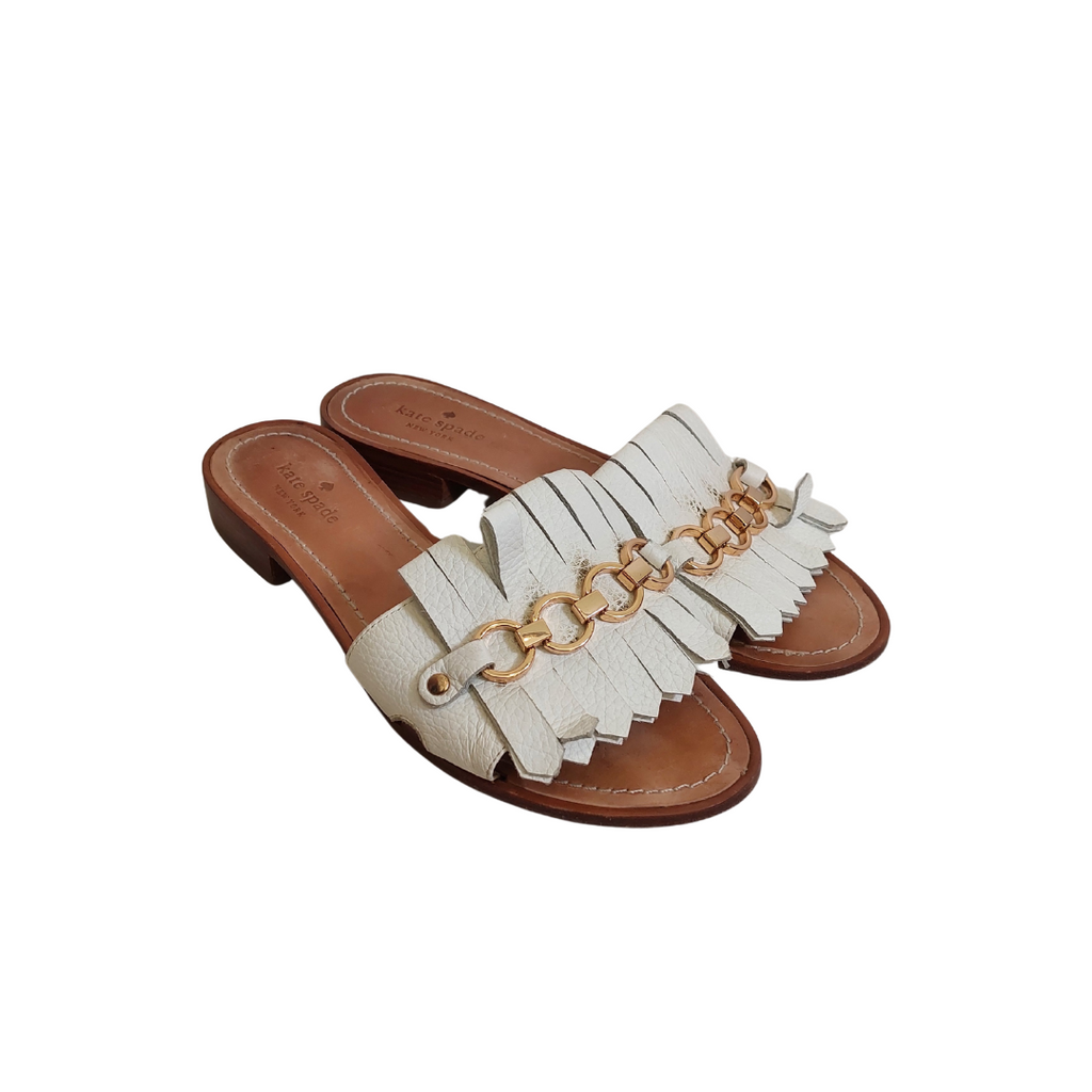 Kate Spade White Brie Leather Fringe Slide Sandals | Pre Loved |