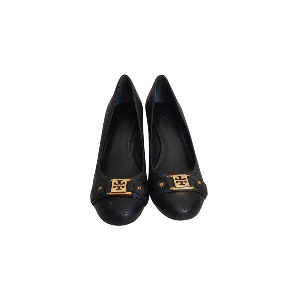 Tory Burch Black Pebbled Leather Natalya Wedges | Pre Loved |