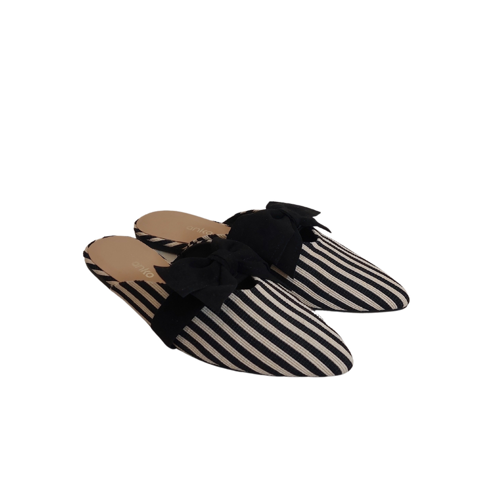 anko Black & White Striped Canvas Large Bow Mules | Gently Used |