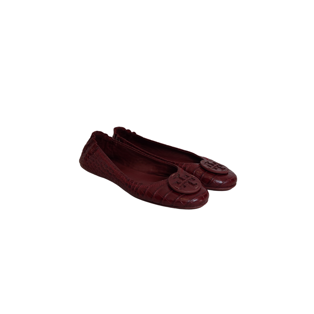 Tory Burch Maroon Leather Croc Embossed Minnie Travel Ballet Flats | Gently Used |