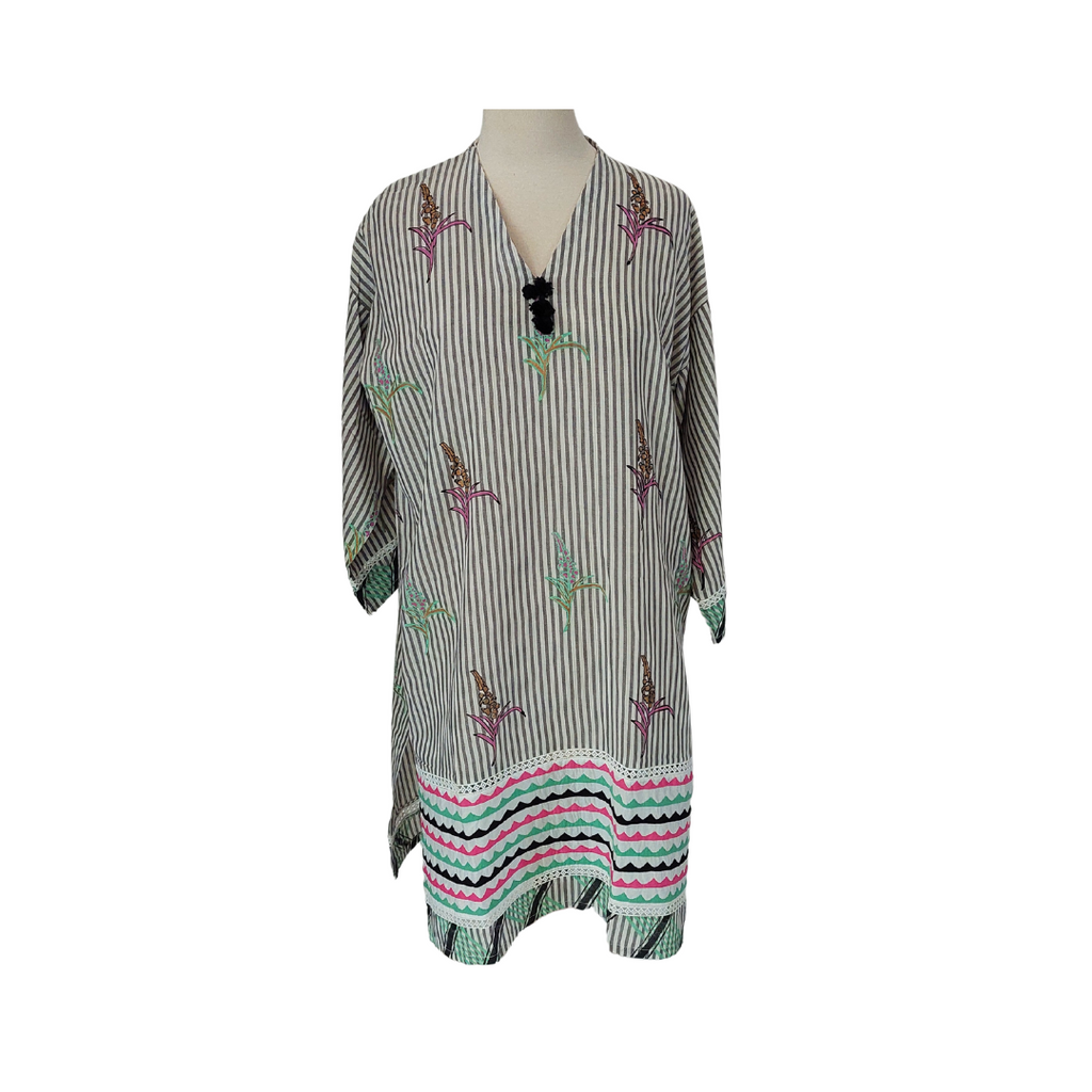 Blocked Grey & White Striped Rilli Border Kurta | Pre Loved |