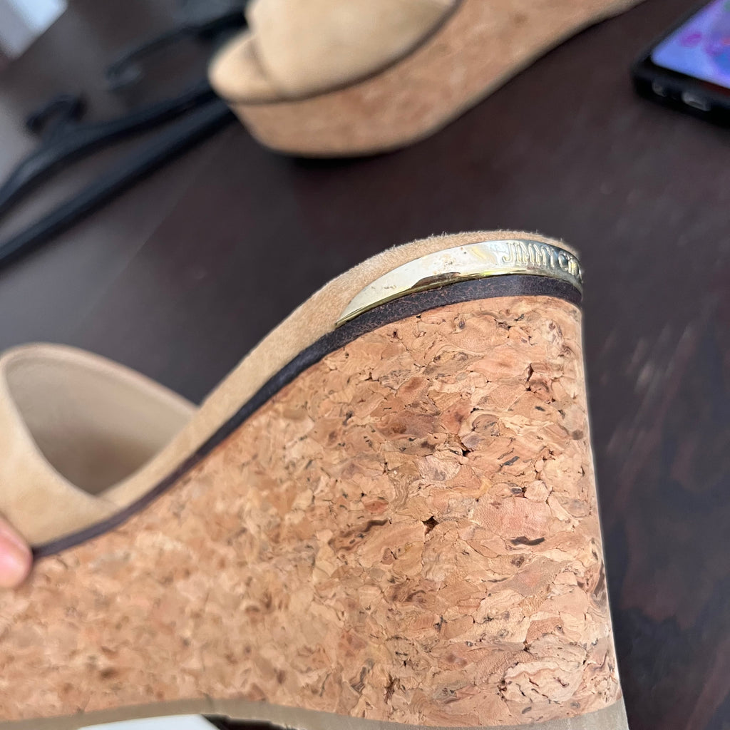 Jimmy Choo Camel Deedee 80 Cork Platform Suede Wedges | Pre Loved |