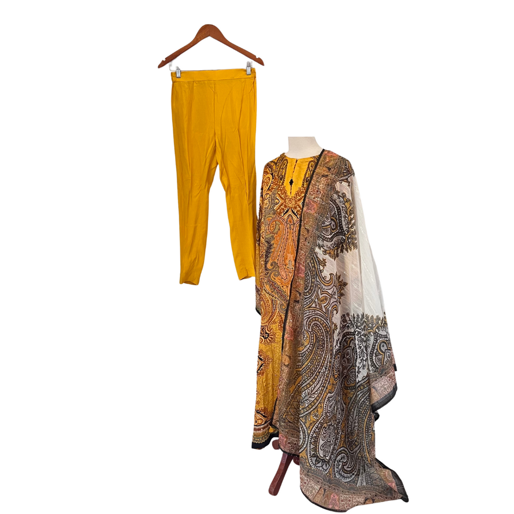 Sapphire Mustard Silk Printed Embellished Outfit (3 pieces) | Brand New |