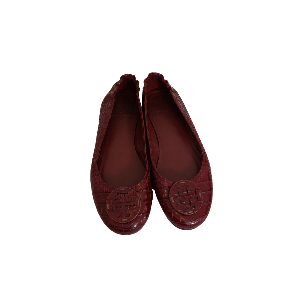 Tory Burch Maroon Leather Croc Embossed Minnie Travel Ballet Flats | Gently Used |