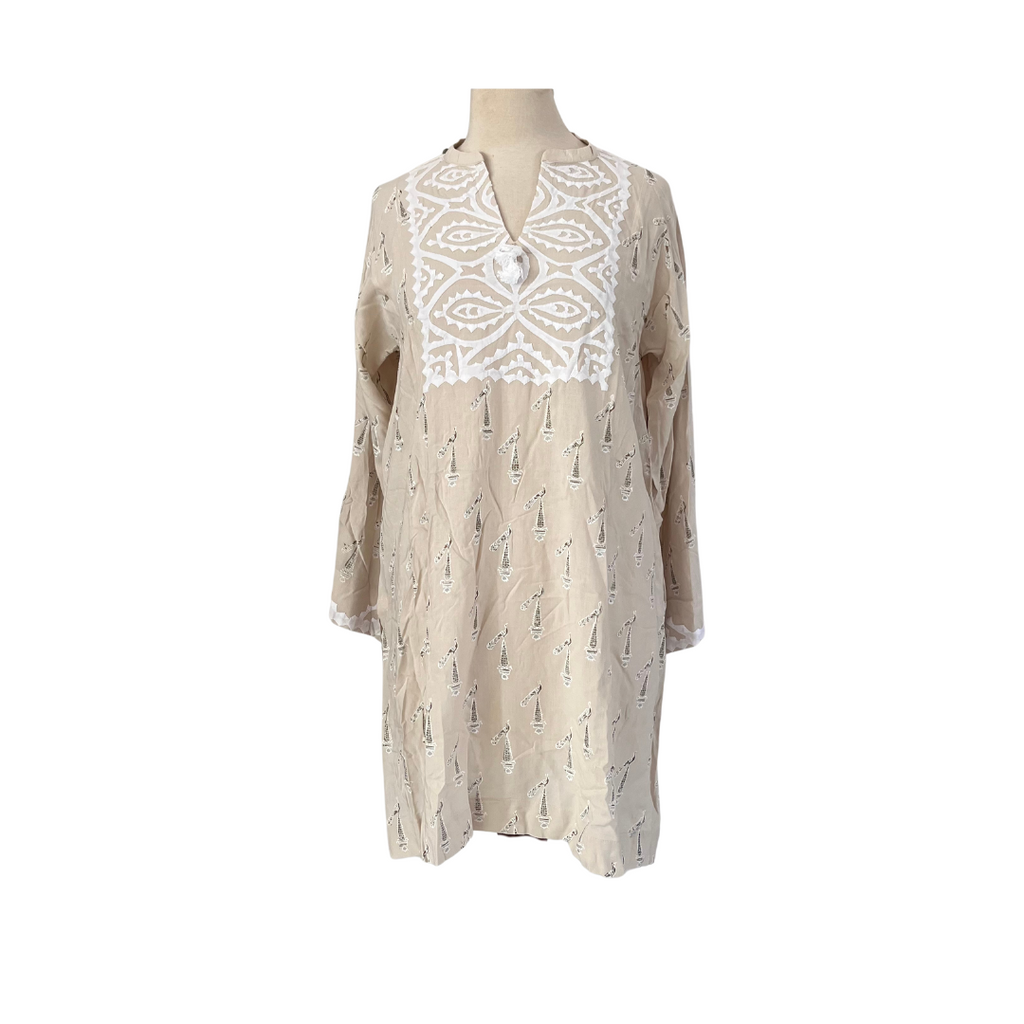 Blocked Light Beige Block Print with White Rilli Neckline Kurta  | Pre Loved |