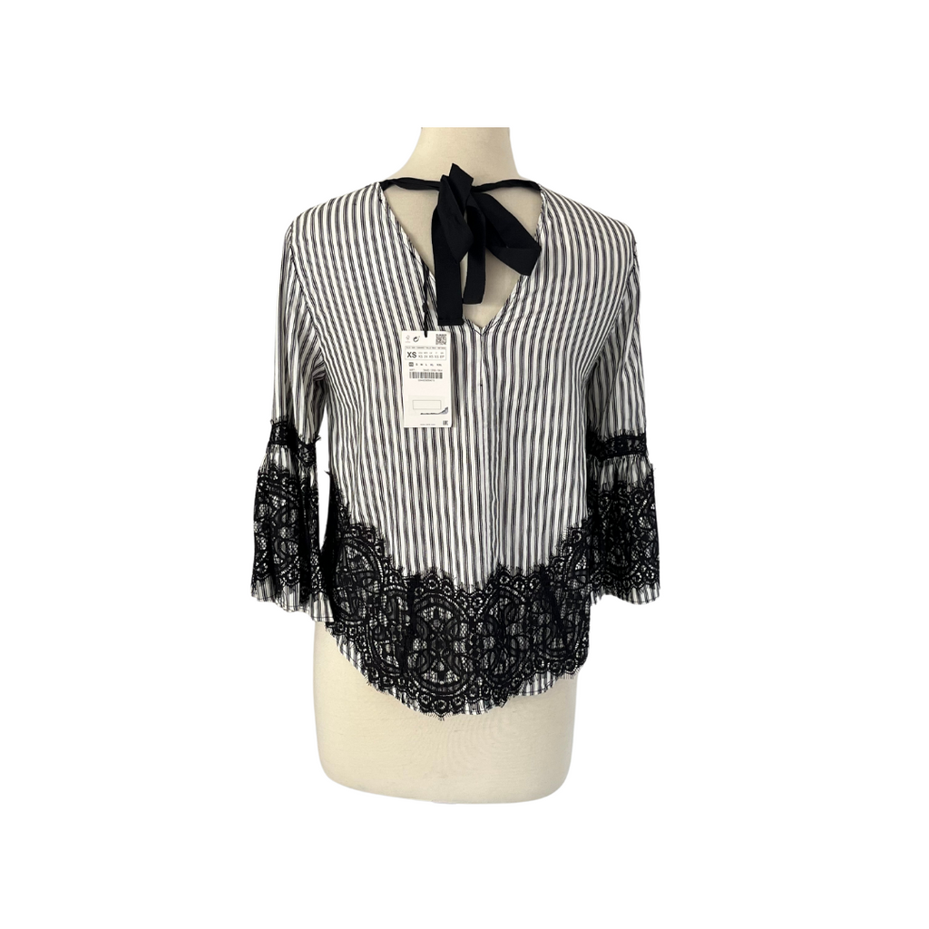 ZARA Black & White Striped Lace Top | Brand New |