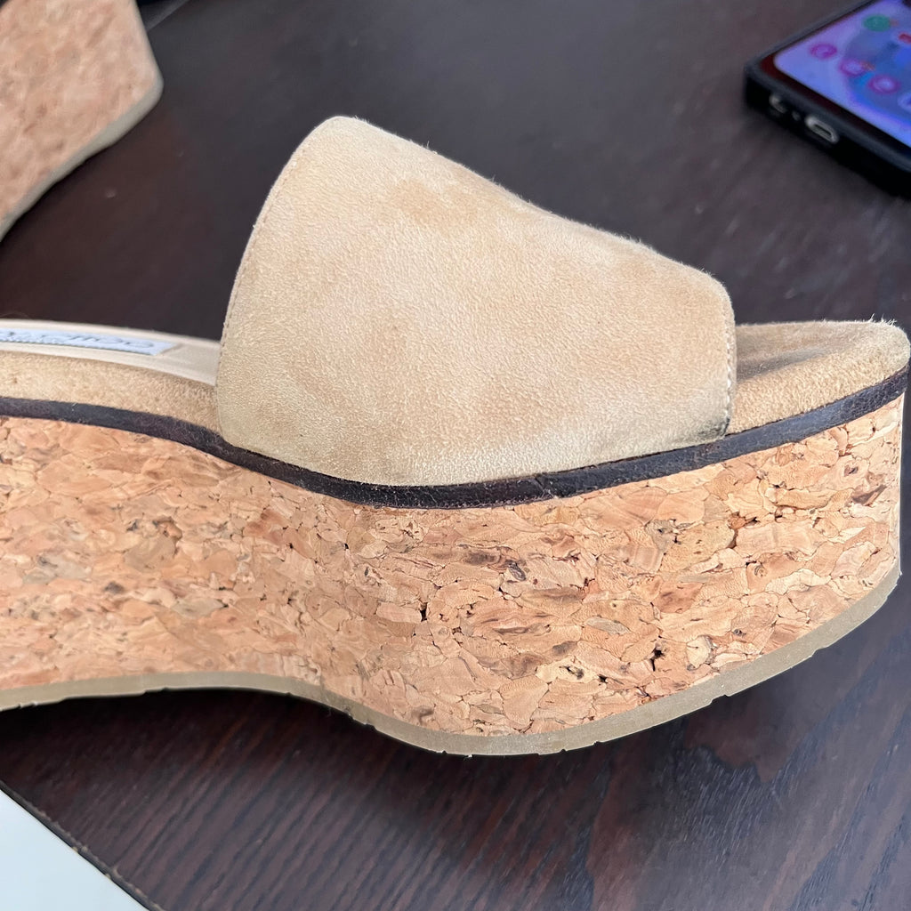 Jimmy Choo Camel Deedee 80 Cork Platform Suede Wedges | Pre Loved |