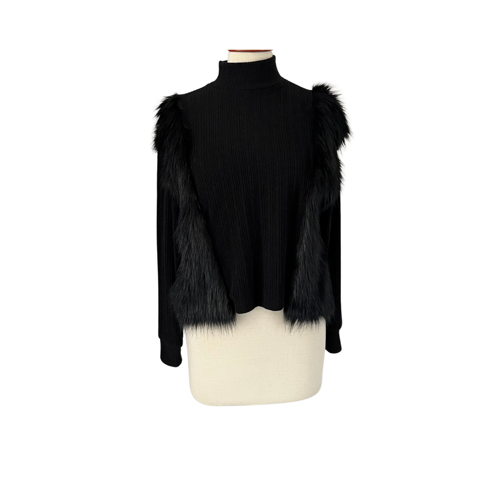 ZARA Black Faux Fur Ribbed High-neck Sweater | Gently Used |